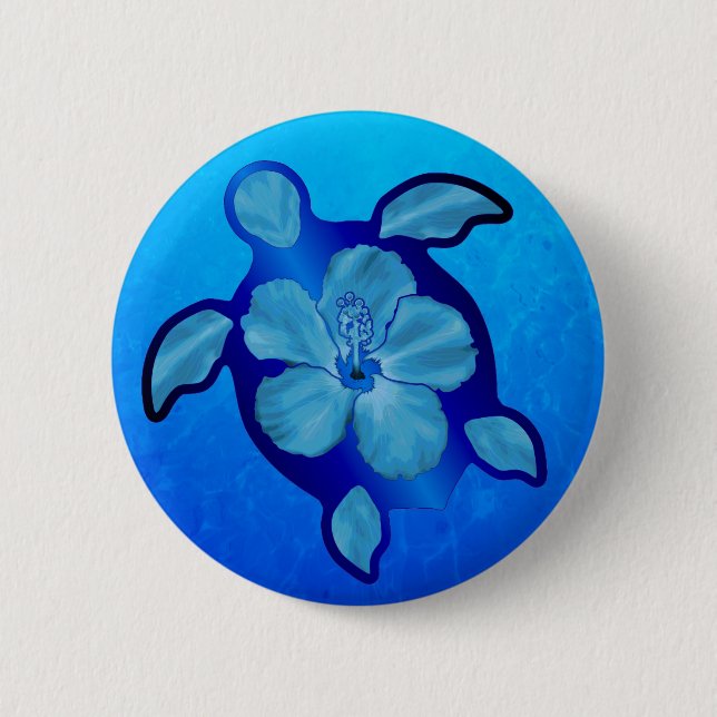 Blue Honu Turtle and Hibiscus 2 Inch Round Button (Front)