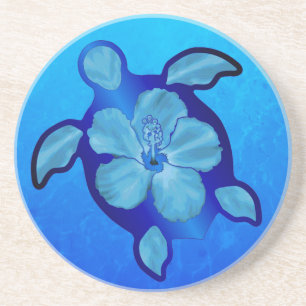 Blue Honu Turtle and Hibiscus Coaster