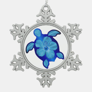Blue Honu Turtle and Hibiscus Snowflake Pewter Christmas Ornament