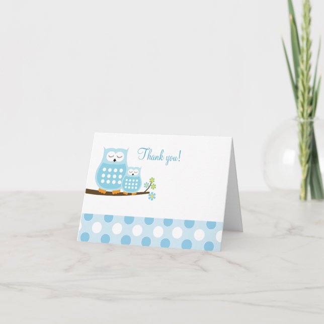 Blue Hoot Owls on Branch Thank you Card (Front)