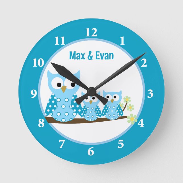 Blue Hoot Owls Wall Clock (Front)