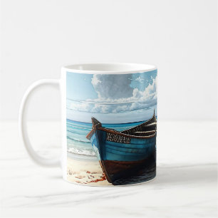 "Blue Horizon". A Colourful Relaxing Boat Seascape Coffee Mug