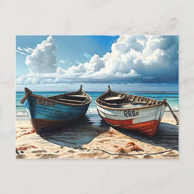 "Blue Horizon". A Colourful Relaxing Boat Seascape Postcard (Front)