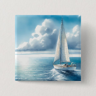 Blue Horizon Solitary Sailboat 2 Inch Square Button