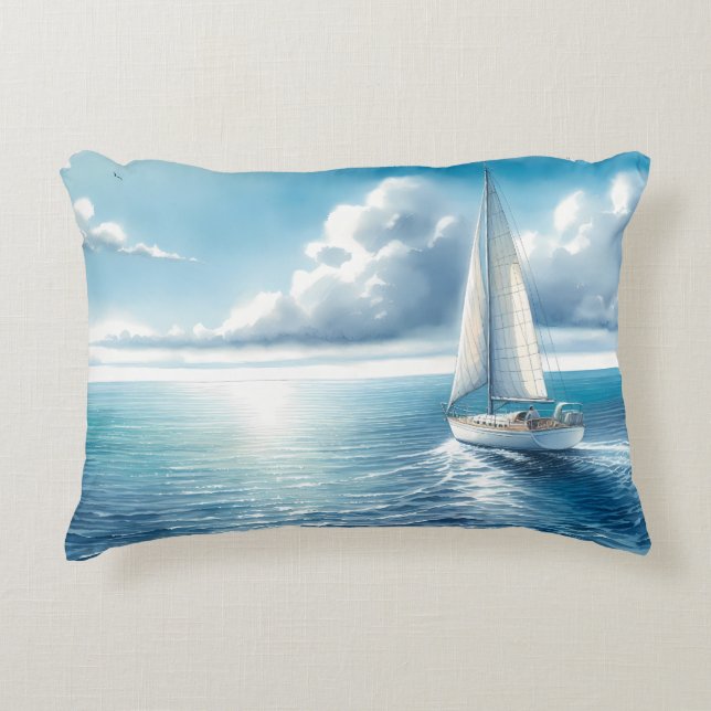 Blue Horizon Solitary Sailboat Accent Pillow (Front)