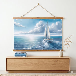 Blue Horizon Solitary Sailboat Hanging Tapestry
