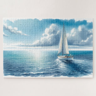 Blue Horizon Solitary Sailboat Jigsaw Puzzle