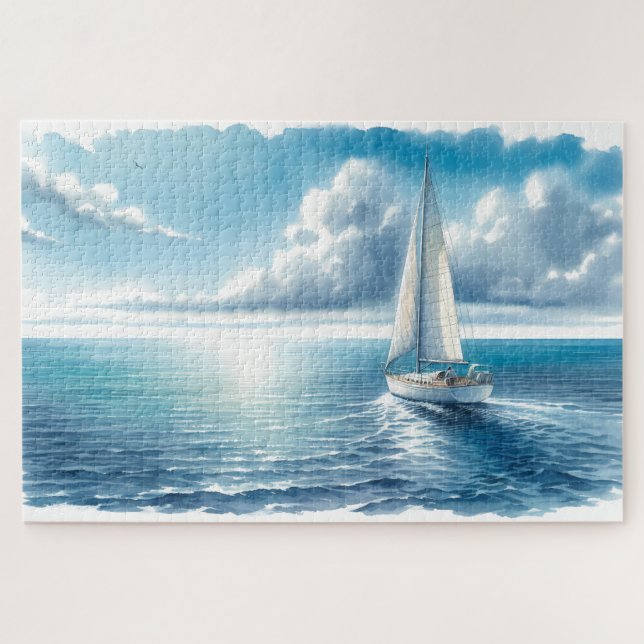 Blue Horizon Solitary Sailboat Jigsaw Puzzle (Horizontal)