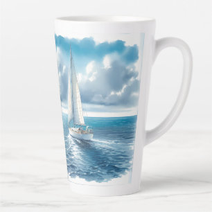 Blue Horizon Solitary Sailboat Latte Mug