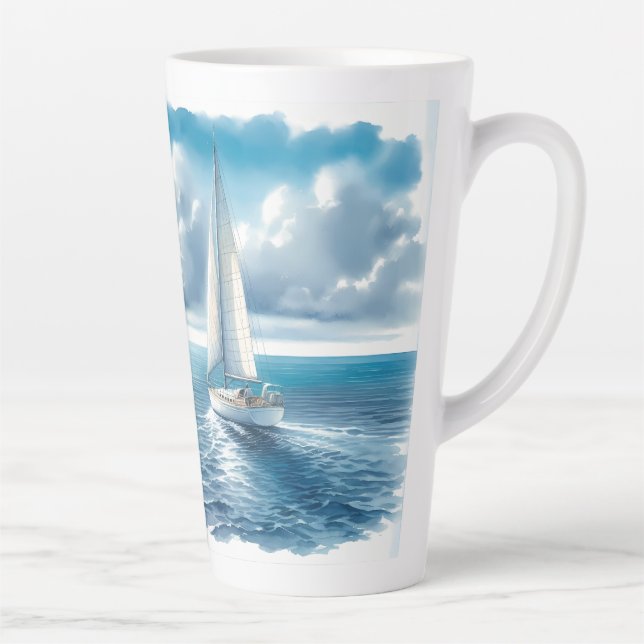Blue Horizon Solitary Sailboat Latte Mug (Right)