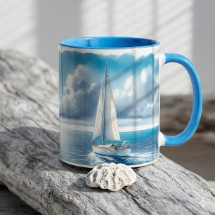 Blue Horizon Solitary Sailboat Mug
