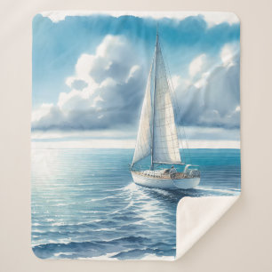 Blue Horizon Solitary Sailboat Sherpa Blanket