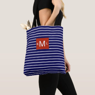 Blue Horizontal Stripes Red Monogram Template Tote Bag