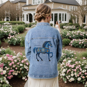 Blue Horse Floral Folk Art Personalized Denim Jacket
