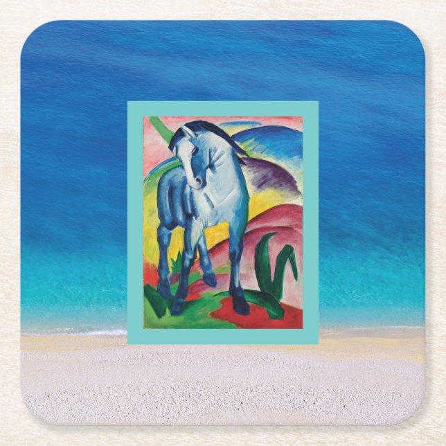 Blue Horse on the Beach Square Paper Coaster (Front)