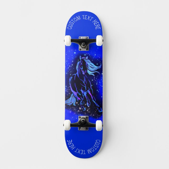 Blue Horse Running In Starry Night Text Skateboard (Front)