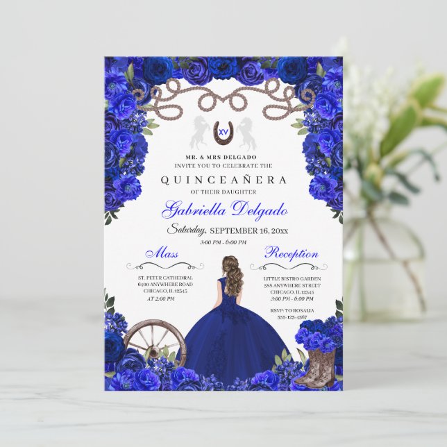 Blue Horseshoe Western Charra Floral Quinceanera Invitation (Standing Front)