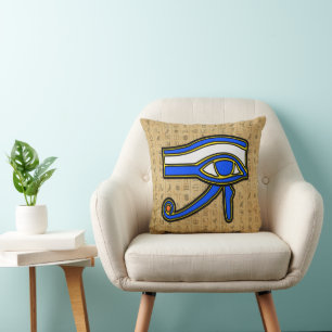 Blue Horus Eye On Hieroglyphs Throw Pillow