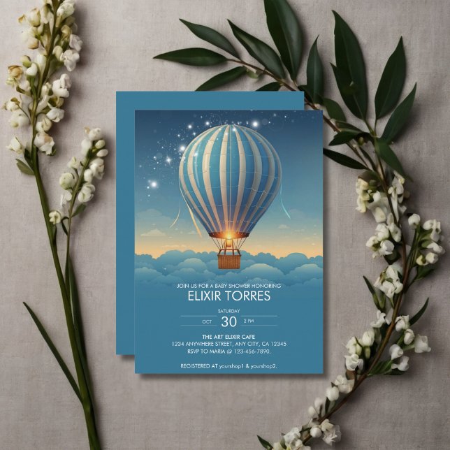 Blue Hot Air Balloon Adventure Awaits Baby Shower Invitation (Creator Uploaded)