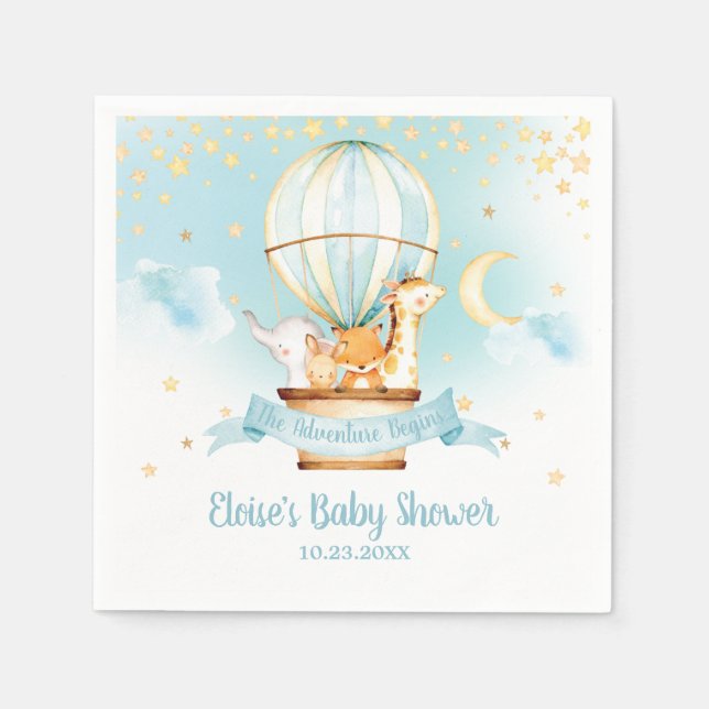 Blue Hot Air Balloon Animals Baby Shower Birthday Napkin (Front)