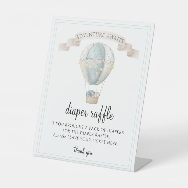 Blue hot air balloon baby diaper raffle sign (Front)
