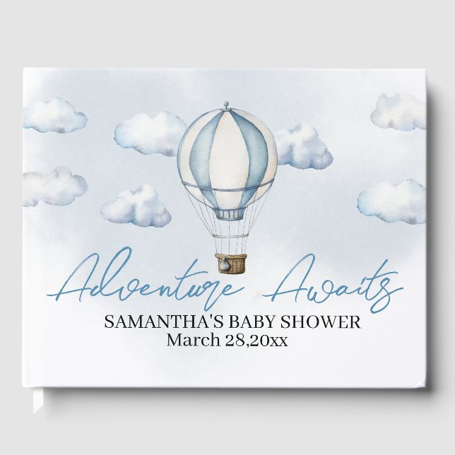 Blue Hot Air Balloon Baby shower Livre d'invité (Recto)