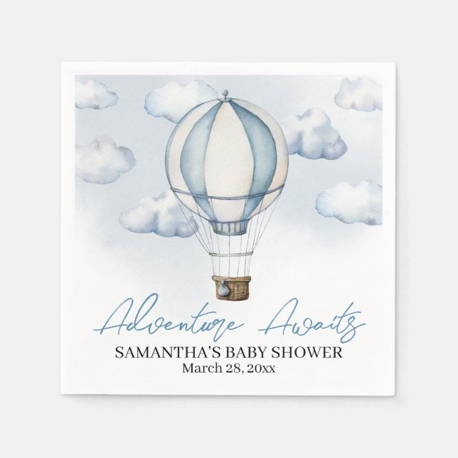 Blue Hot Air Balloon Baby Shower Paper Napkin (Front)