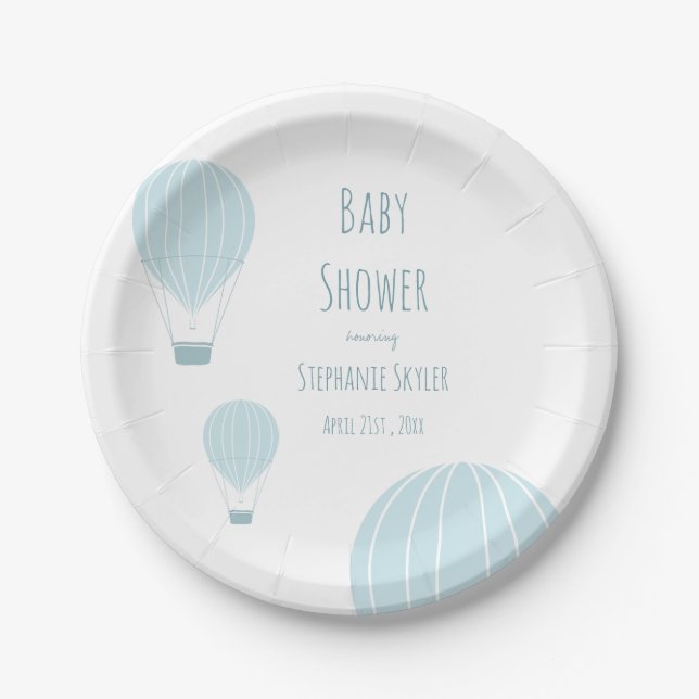 Blue Hot Air Balloon | Baby Shower Paper Plate (Front)