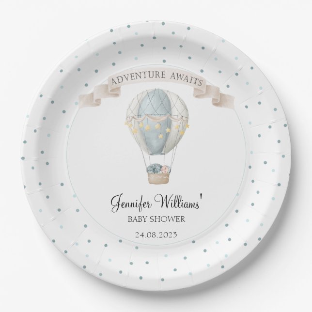 Blue hot air balloon baby shower paper plates (Front)