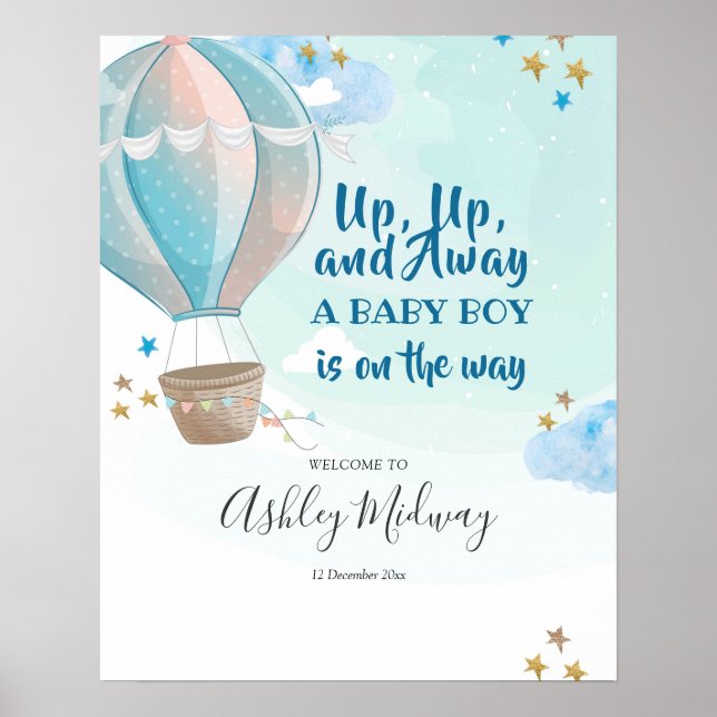 Blue Hot Air Balloon Baby Shower Welcome Sign (Front)