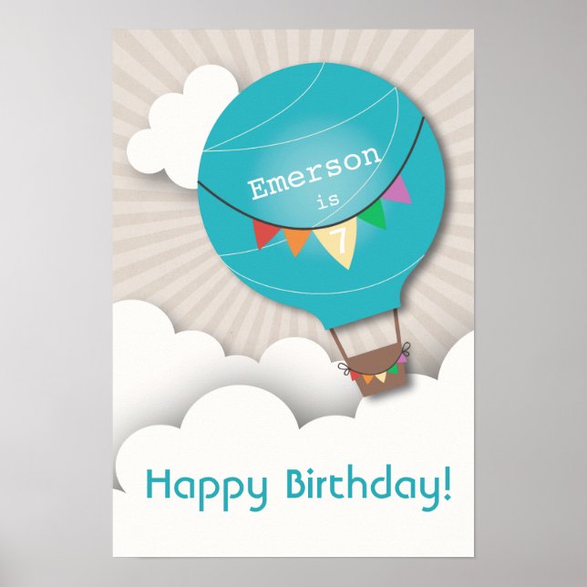 Blue Hot Air Balloon Birthday Poster (Front)