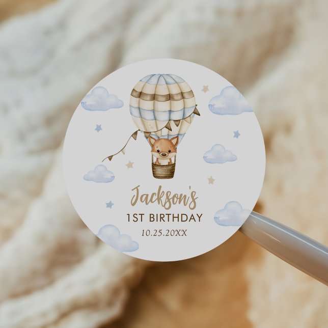 Blue Hot Air Balloon Boy 1st Birthday Classic Round Sticker (Creator Uploaded)