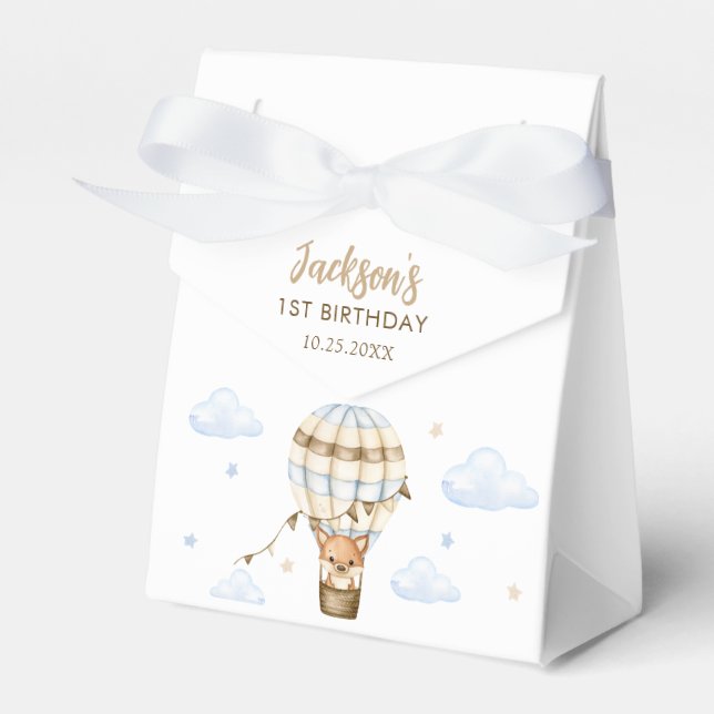 Blue Hot Air Balloon Boy 1st Birthday Favor Box (Front Side)