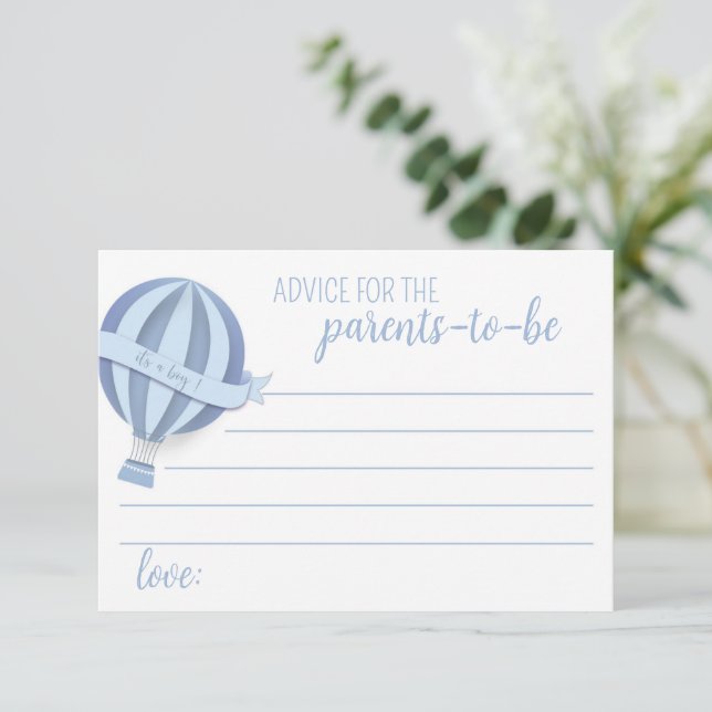 Blue Hot Air Balloon Boy Baby shower carte conseil (Debout devant)