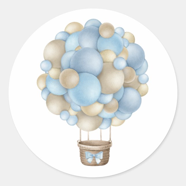 Blue Hot Air Balloon Boy Baby Shower Classic Round Sticker (Front)