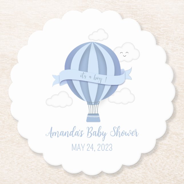 Blue Hot Air Balloon Boy Baby Shower Paper Coaster (Front)
