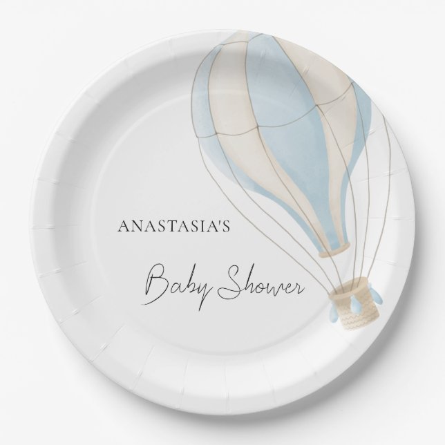 Blue Hot Air Balloon Boy Baby Shower Paper Plate (Front)