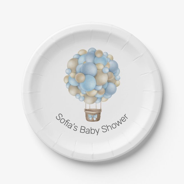 Blue Hot Air Balloon Boy Baby Shower Paper Plate (Front)