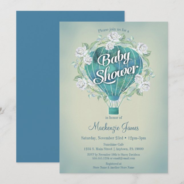 Blue Hot Air Balloon Boys Baby shower Invitation (Devant / Derrière)