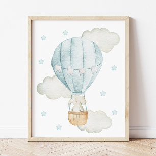 Blue Hot Air Balloon, Elephant, Stars, Boy Nursery Photo Print