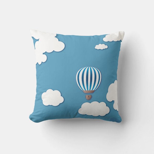 Blue Hot Air Balloon in Clouds Throw Pillow (Front)