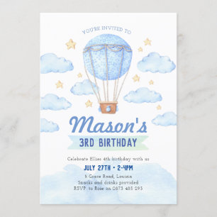 Blue Hot air balloon invitation, Boy 1st birthday Invitation