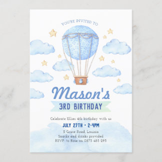 Blue Hot air balloon invitation, Boy 1st birthday Invitation
