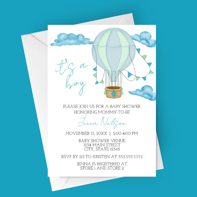 Blue Hot Air Balloon “It’s a Boy” Baby Shower Invitation (Blue and Green Hot Air Balloon Its a Boy Baby Shower Invitation)