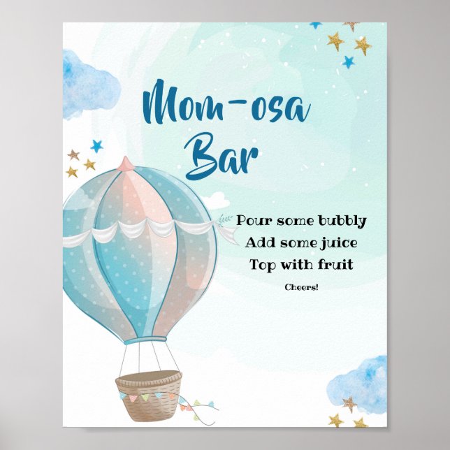 Blue Hot Air Balloon Momosa Bar Baby Shower Poster (Front)
