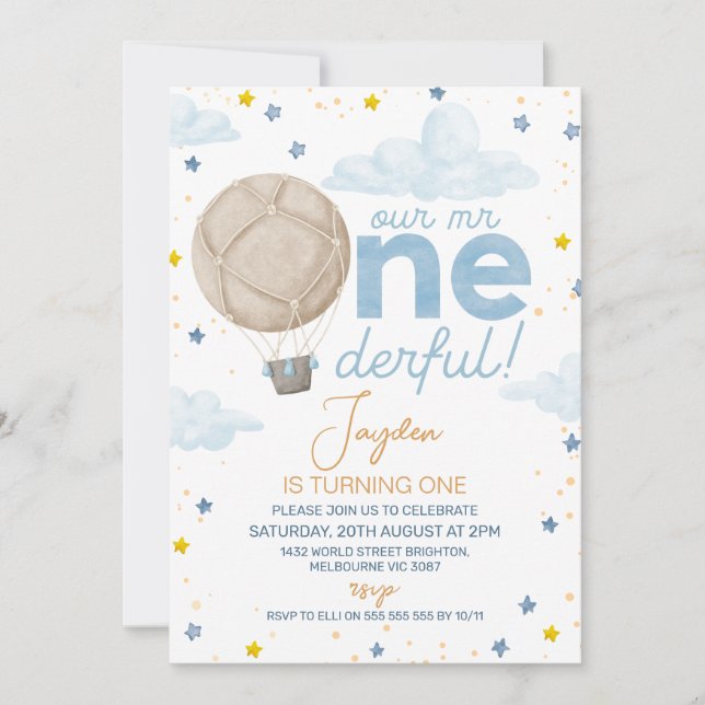 Blue Hot Air Balloon Mr Onederful 1st Birthday  Invitation (Front)