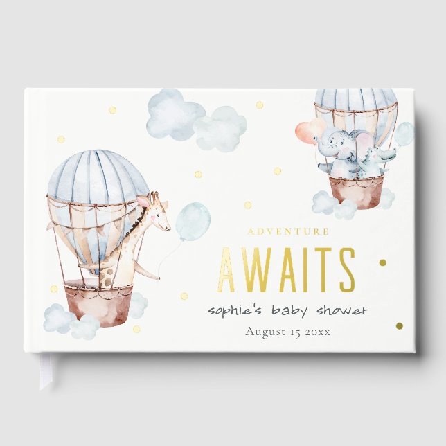 Blue Hot Air Balloon Safari Animals Baby Shower Guest Book (Front)