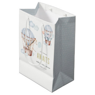 Blue Hot Air Balloon Safari Animals Baby Shower Medium Gift Bag