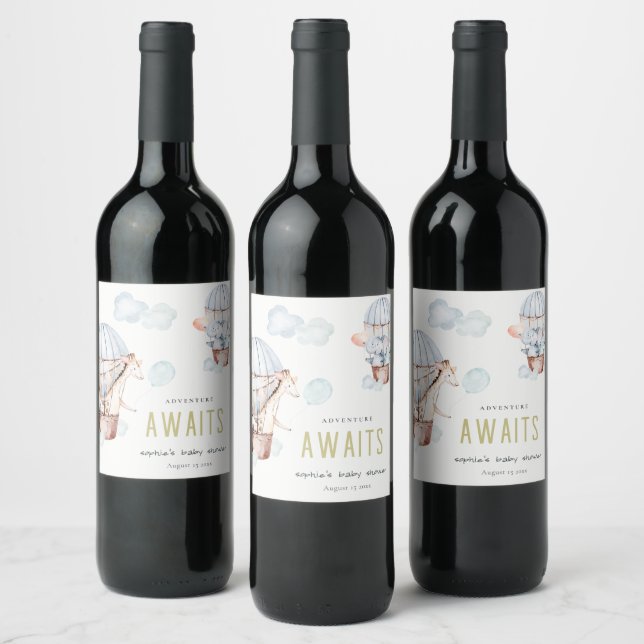 Blue Hot Air Balloon Safari Animals Baby Shower Wine Label (Bottles)