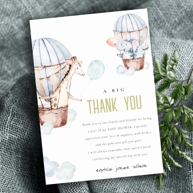 Blue Hot Air Balloon Safari Baby Shower Thank You Invitation (Creator Uploaded)